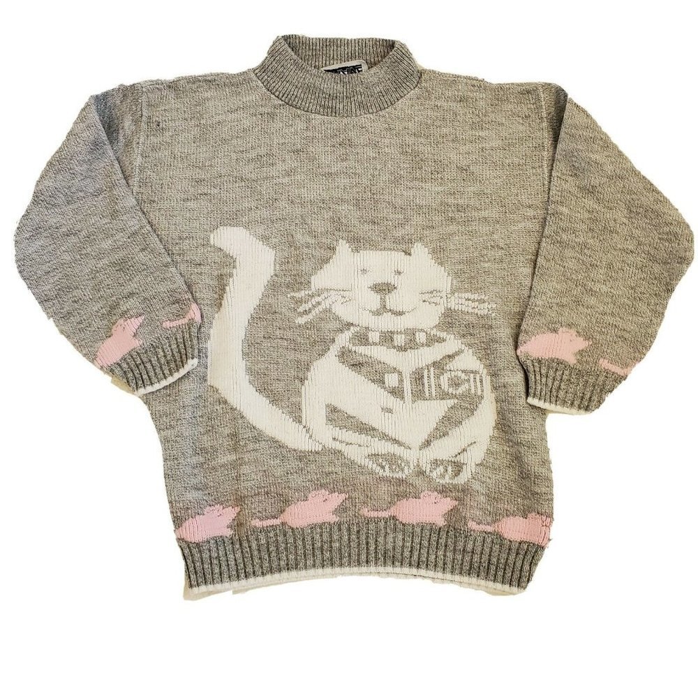 Vintage Gray and Pink Cat Motif Sweater